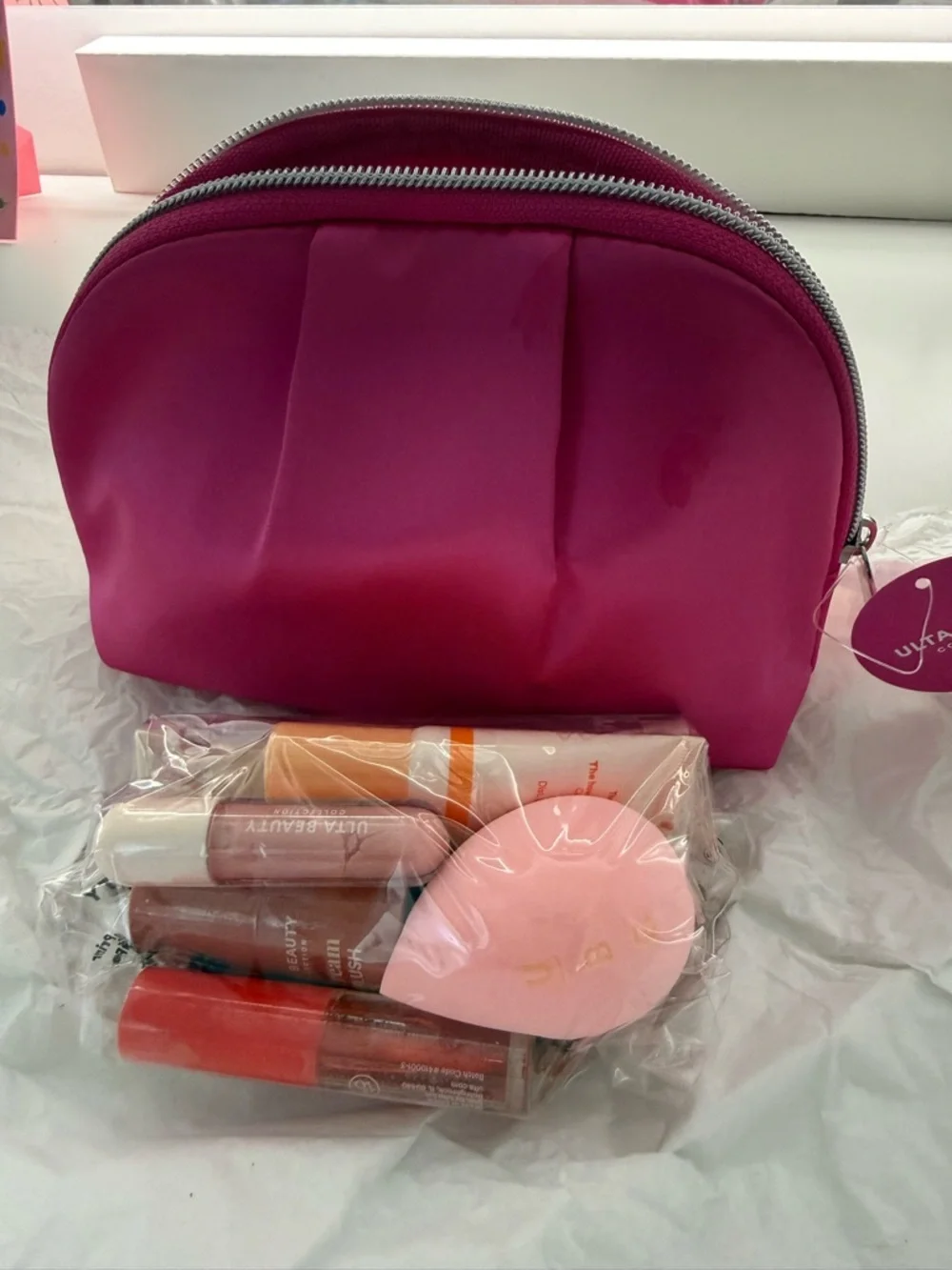 Ulta Beauty Pink Cosmetic Bag Set with Makeup Sponge & Lip/Cheek Products